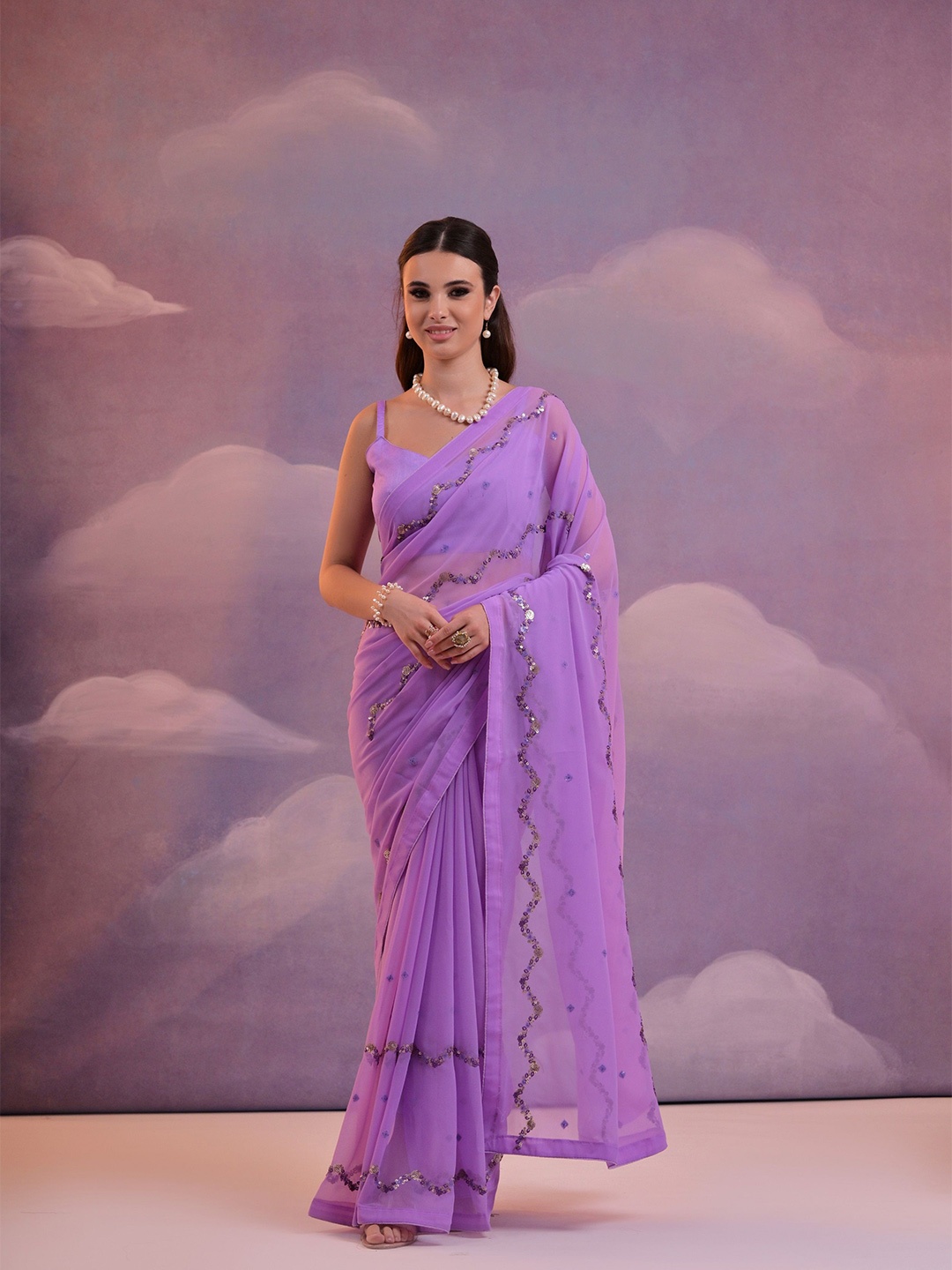 

KALINI Embellished Sequinned Pure Georgette Party Saree, Purple