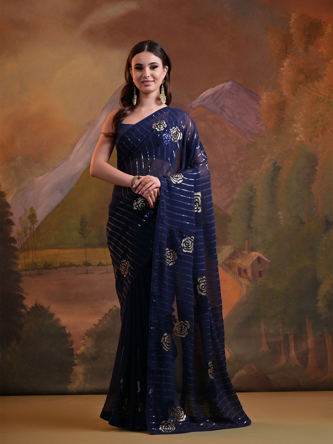 

KALINI Floral Sequinned Pure Georgette Saree, Blue