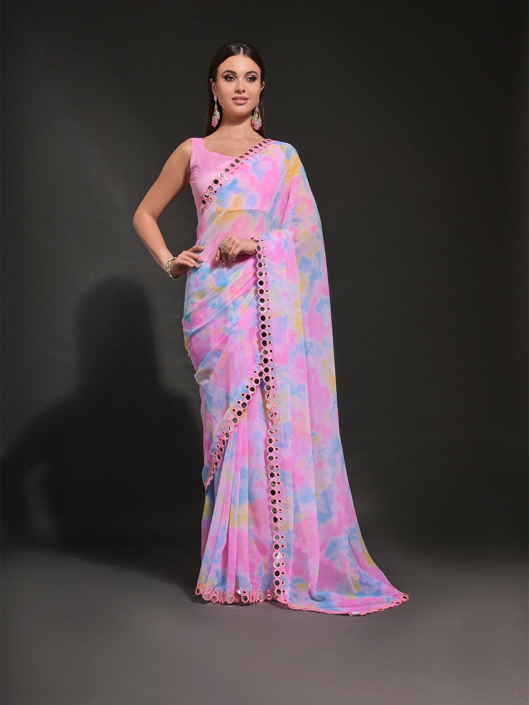 

KALINI Tie and Dye Mirror Work Pure Georgette Saree, Pink