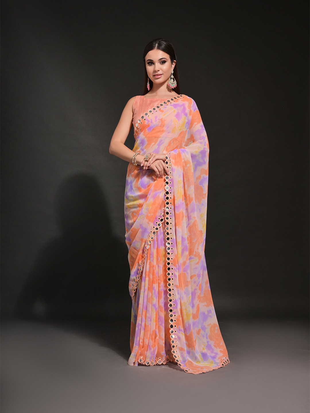 KALINI Mirror Work Pure Georgette Saree, Orange