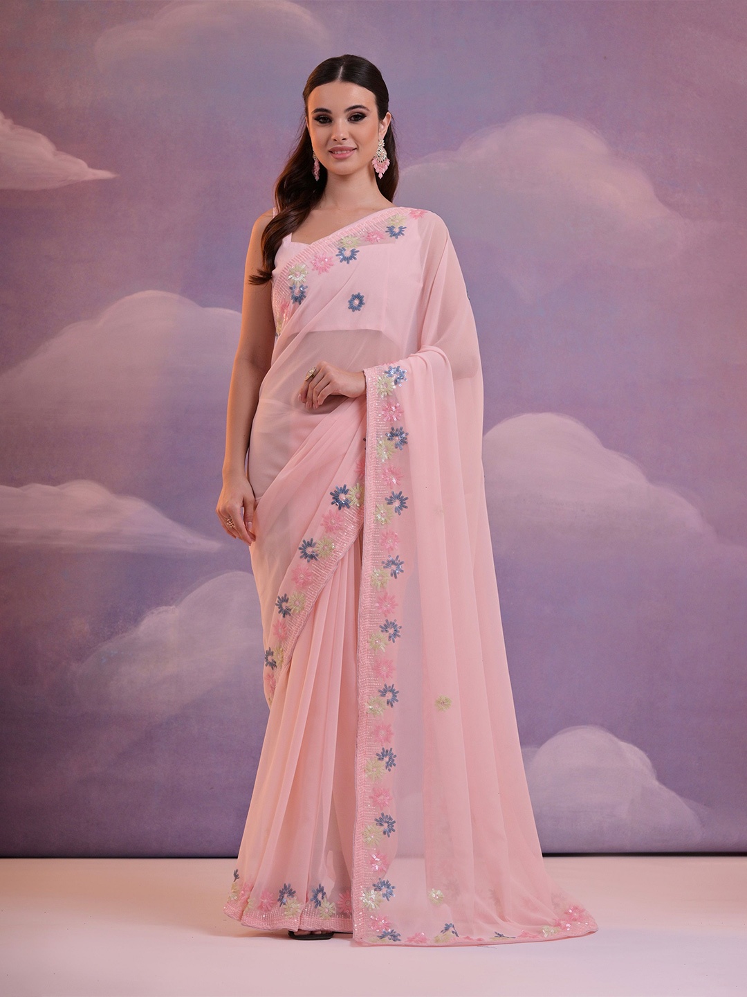 

KALINI Ethnic Motifs Sequinned Pure Georgette Heavy Work Saree, Pink