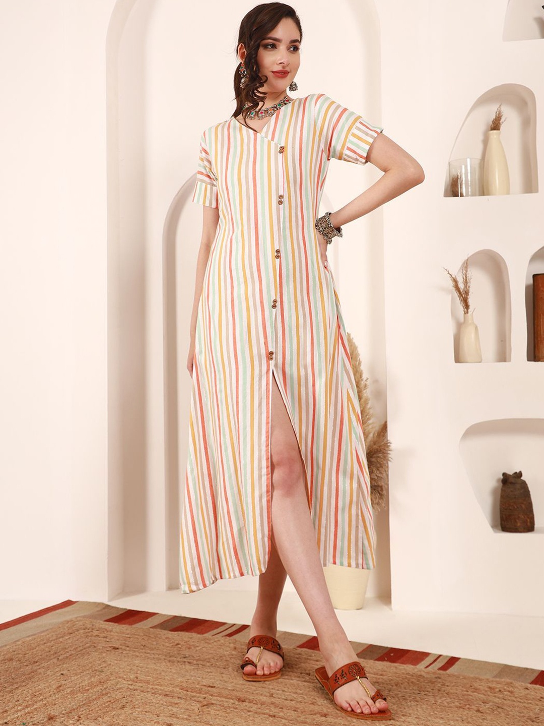 

Sangria Beige Striped A-line Midi Dress