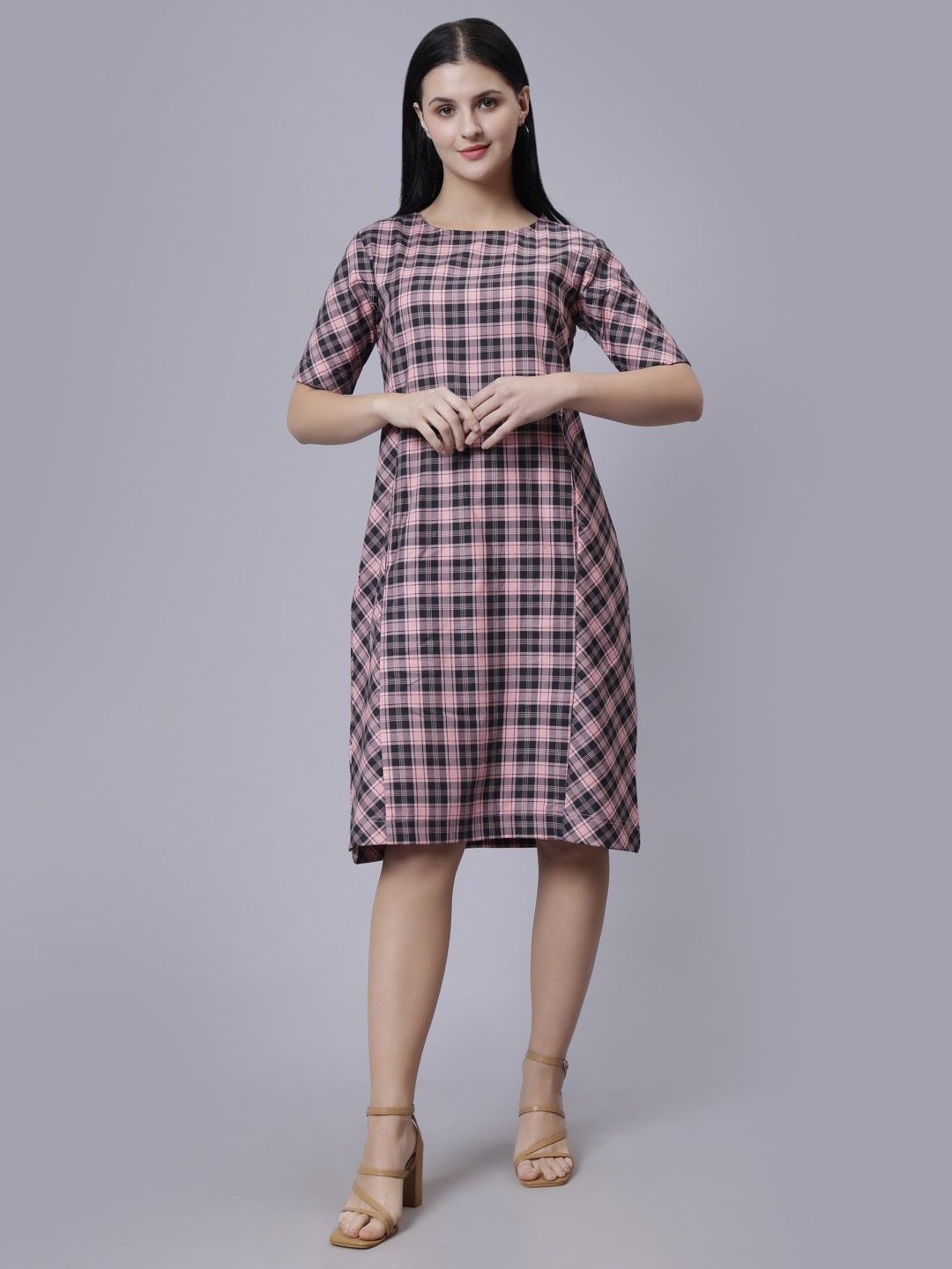 

Indyvarna Women's Checked A-Line Midi Dress, Pink