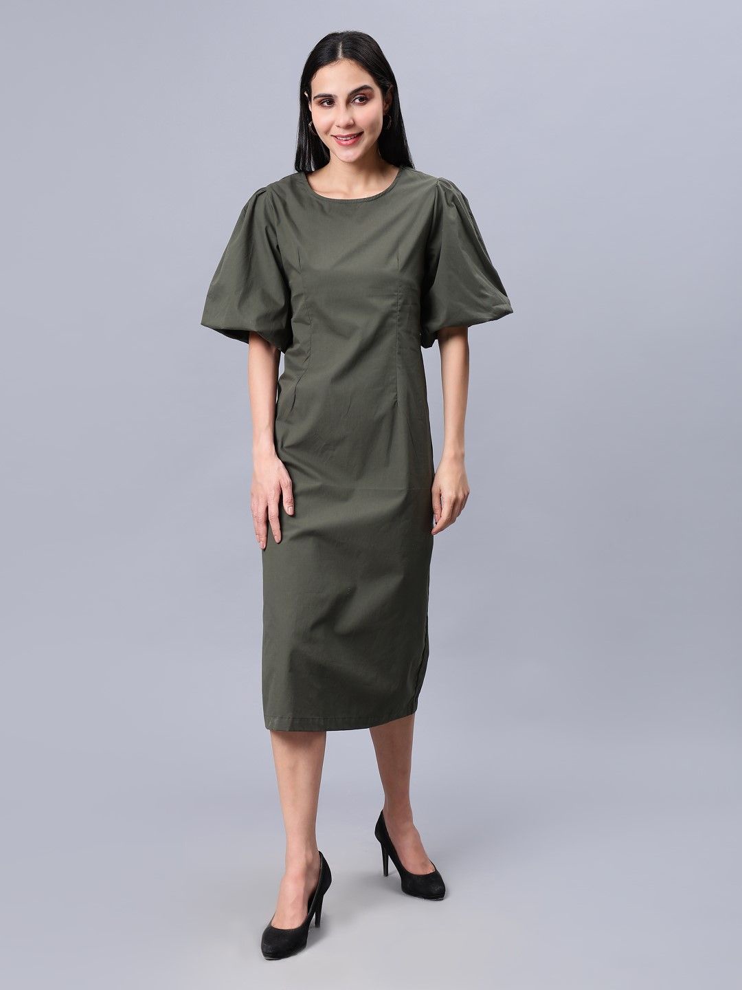 

Indyvarna Cotton Flared Sleeve A-Line Midi Dress, Olive