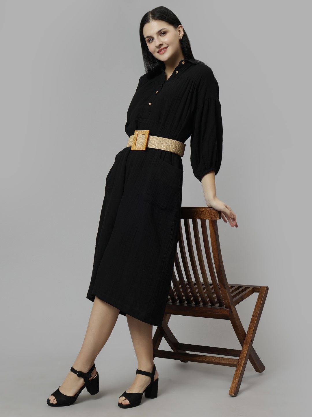 

Indyvarna Women Shirt Collar Puff Sleeves A-Line Midi Dress, Black