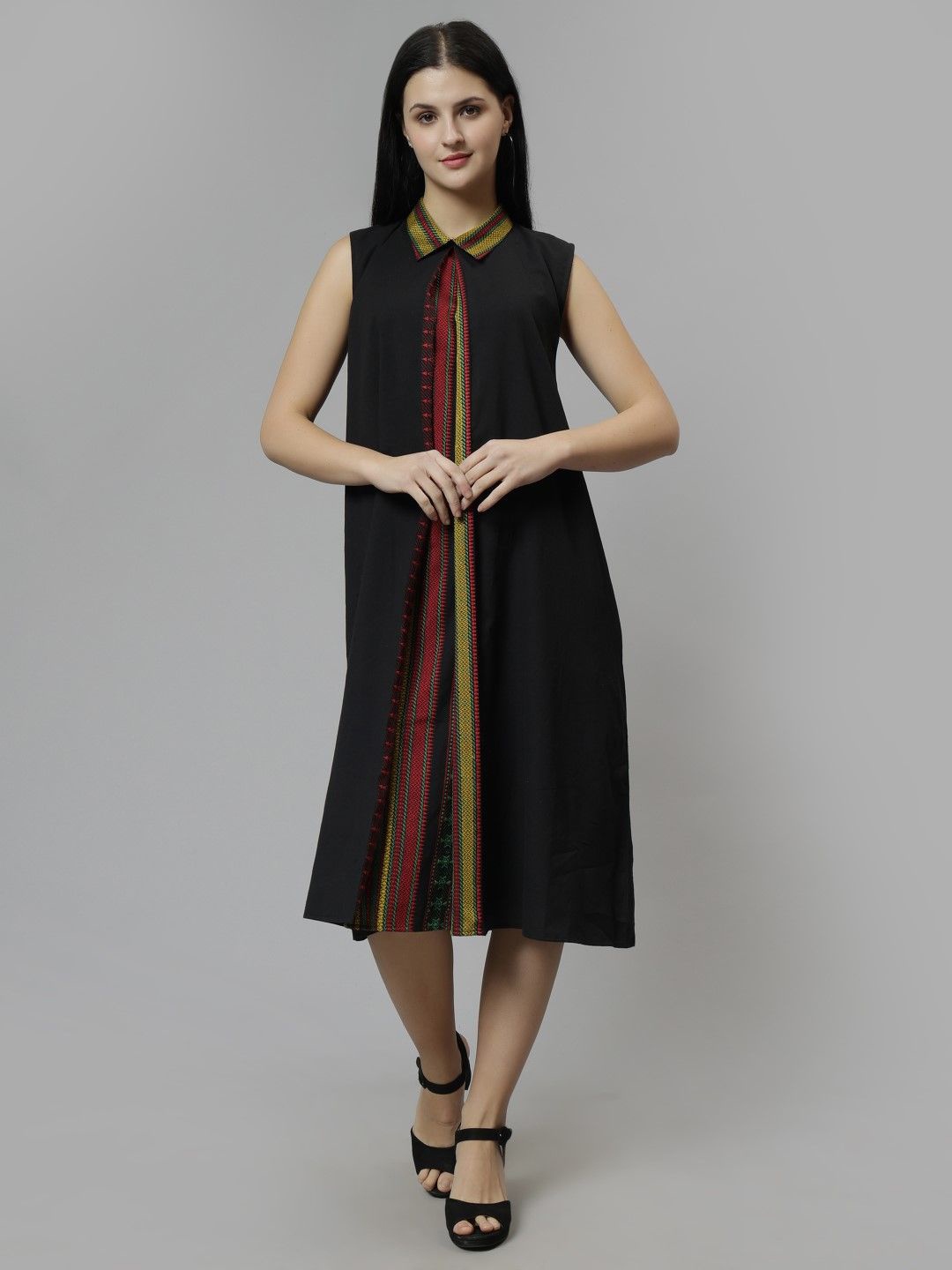

Indyvarna Shirt Collar A-Line Midi Dress, Black