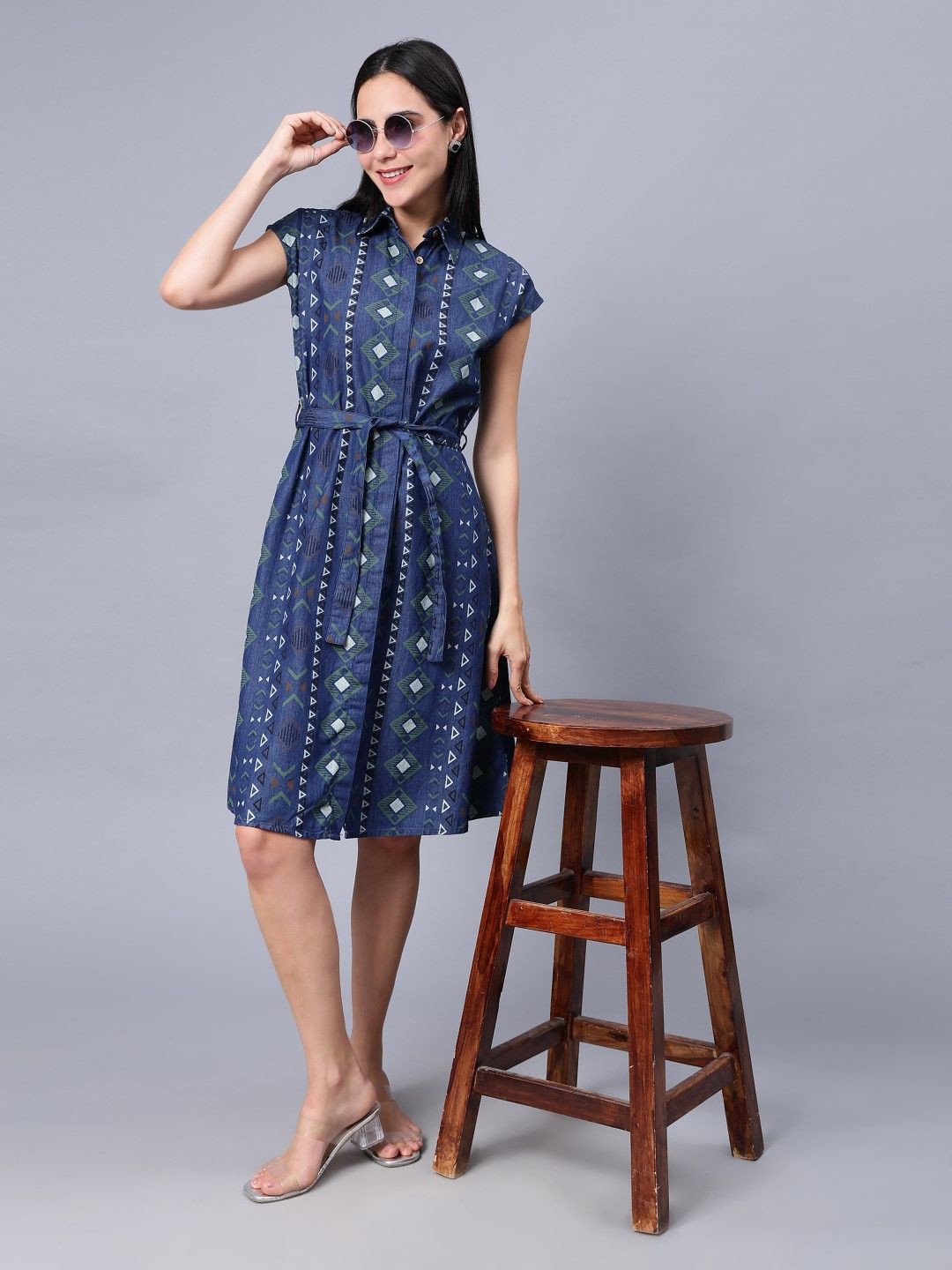 

Indyvarna Women Printed Cape Sleeves A-Line Dress, Blue
