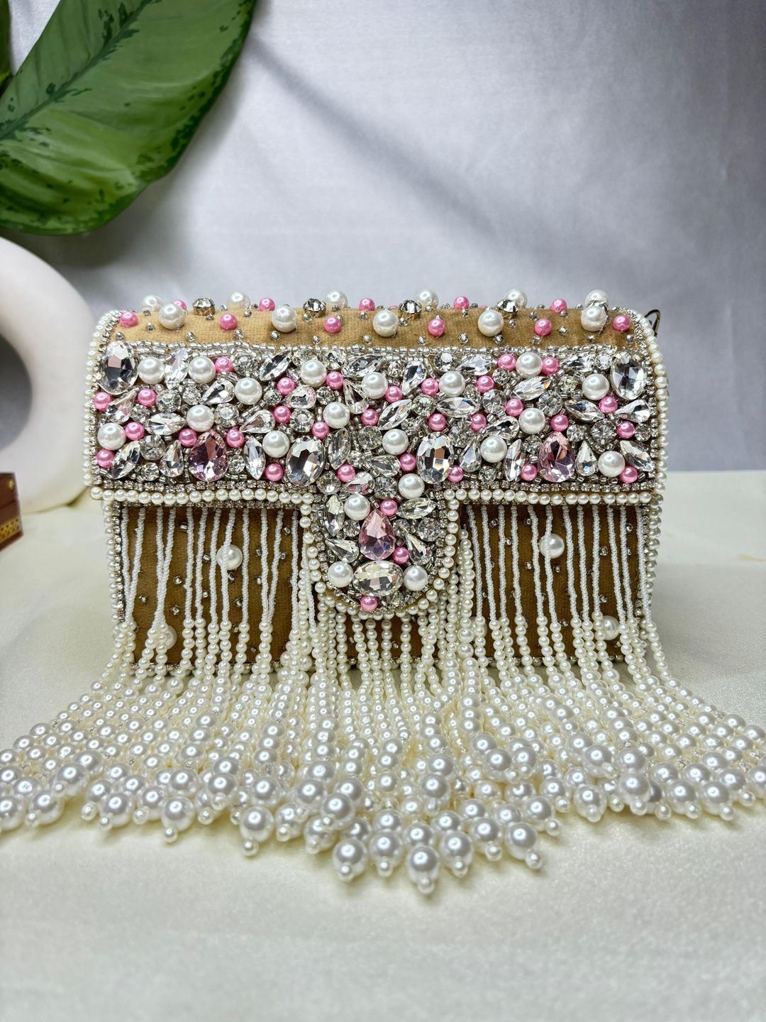 

trendy crafts Embellished Beaded Envelope Clutch, Brown