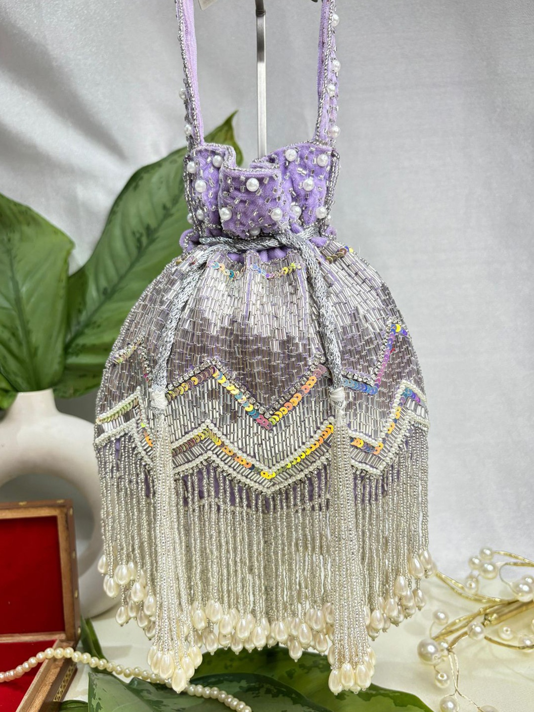 

trendy crafts Embellished Tasselled Potli Clutch, Purple