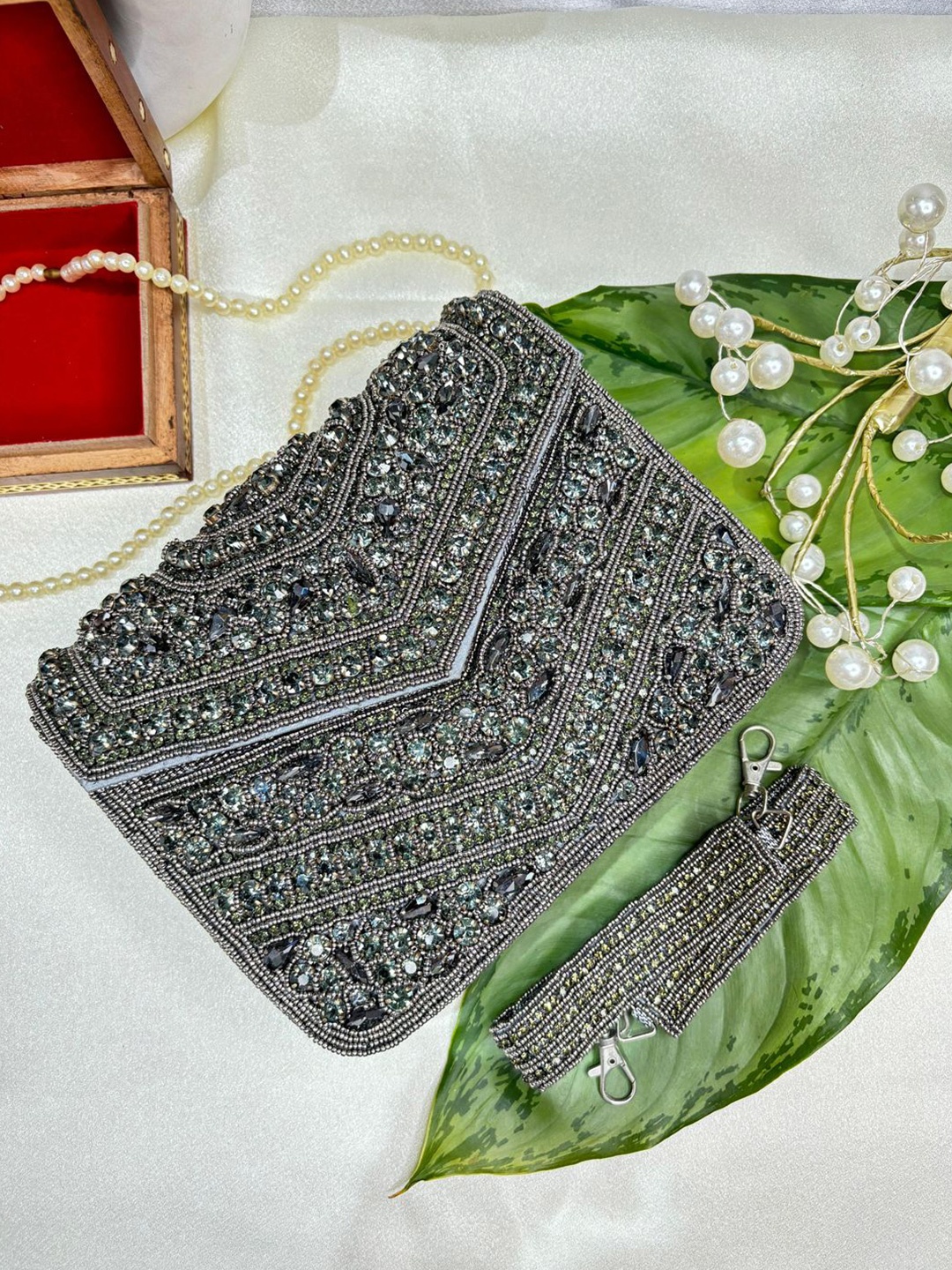 

trendy crafts Embellished Envelope Clutch, Grey