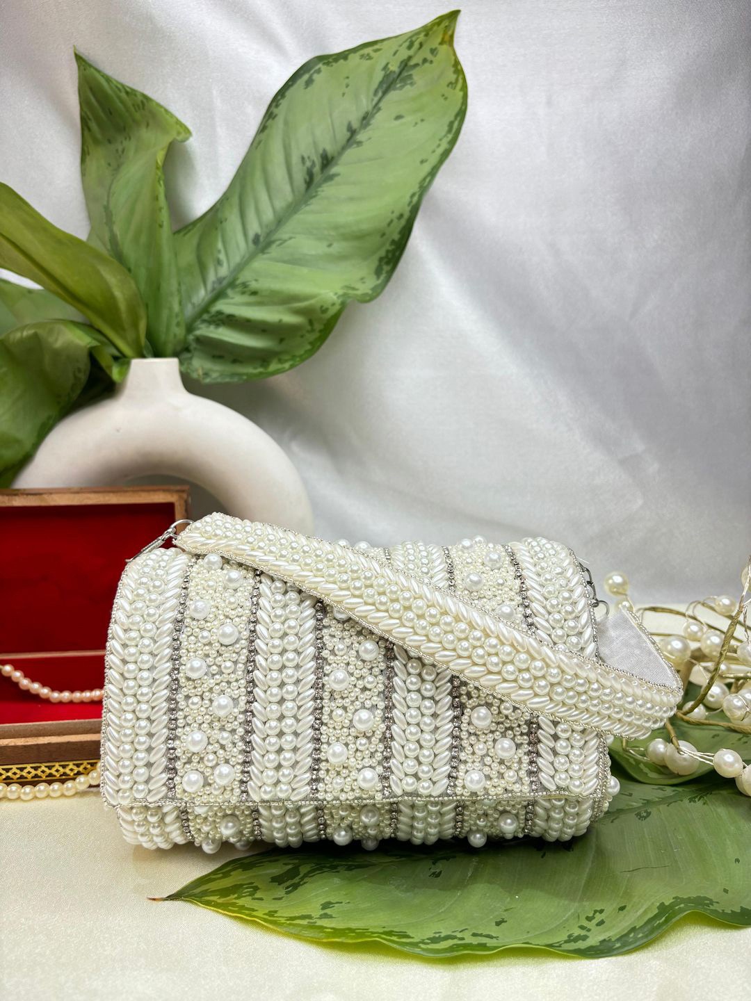 

trendy crafts Embellished Pearl Beaded Envelope Clutch, White