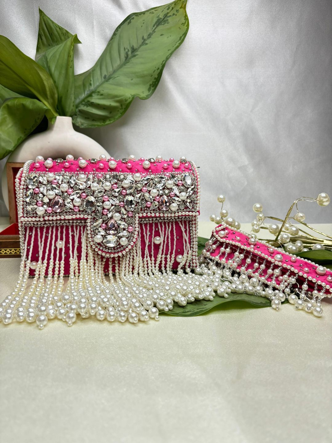 

trendy crafts Embellished Tasselled Envelope Clutch, Pink