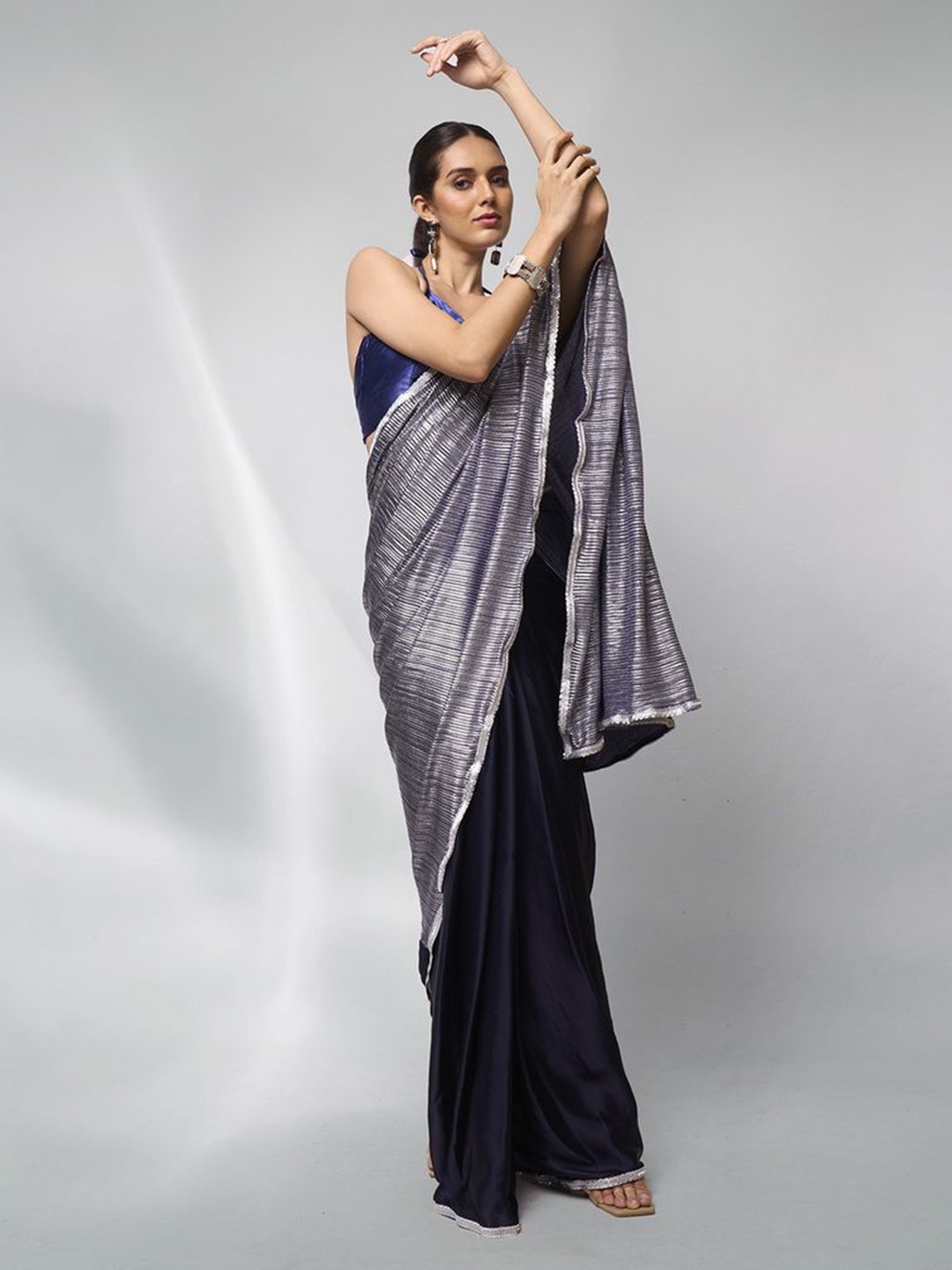 

modeva Lycra Embellished Zari Festive Ready to Wear Saree, Navy blue