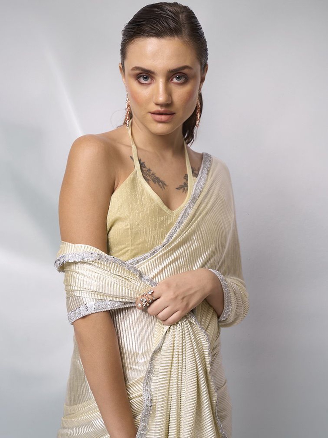 

modeva Embellished Ready to Wear Saree With Blouse Piece, Cream