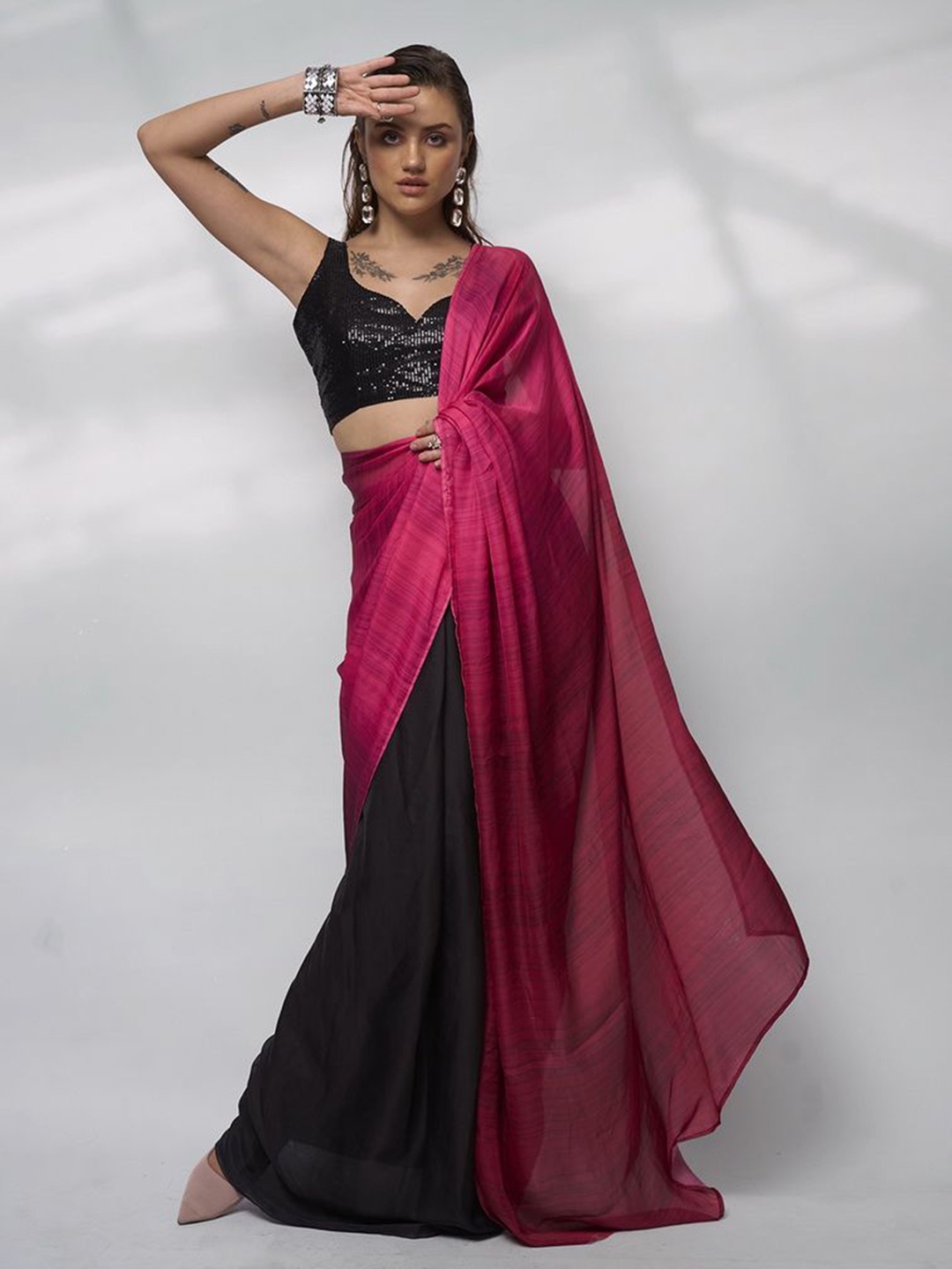 

modeva Ready to Wear Ombre Satin Half and Half Saree, Black