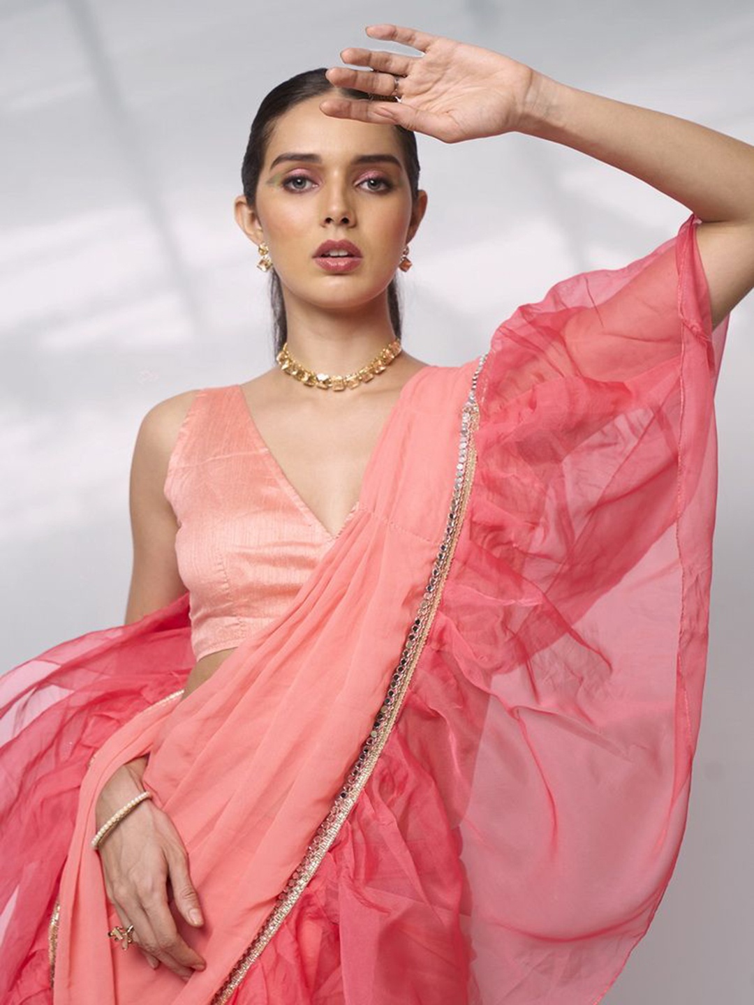 

modeva Mirror Work Pure Georgette Ruffles Ready to Wear Saree, Peach
