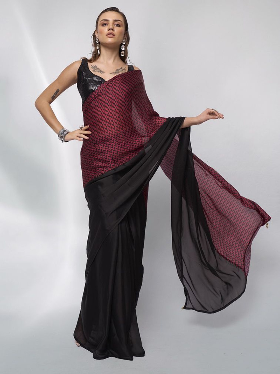 

modeva Satin Ready to Wear Saree, Black