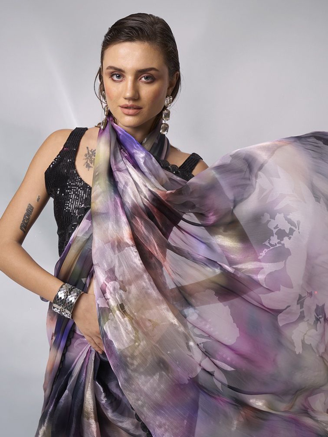 

modeva Tie and Dye Sequinned Organza Ready to Wear Saree, Black