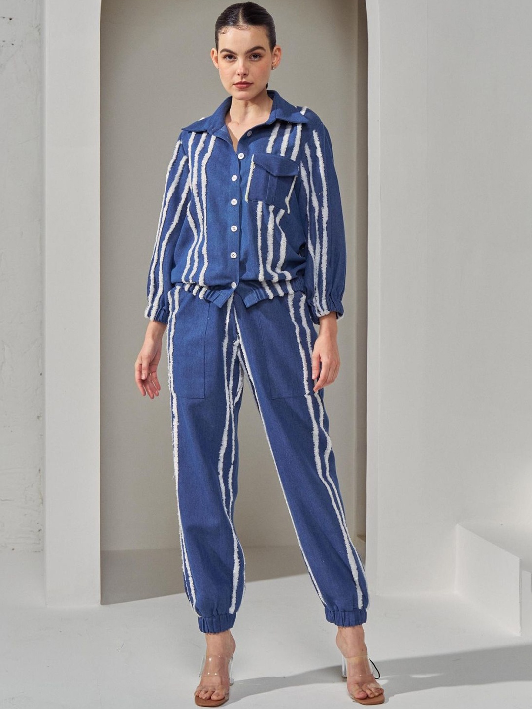 

CLOTHES ON MY MIND Self Design Long Sleeves Shirt & Trousers, Blue