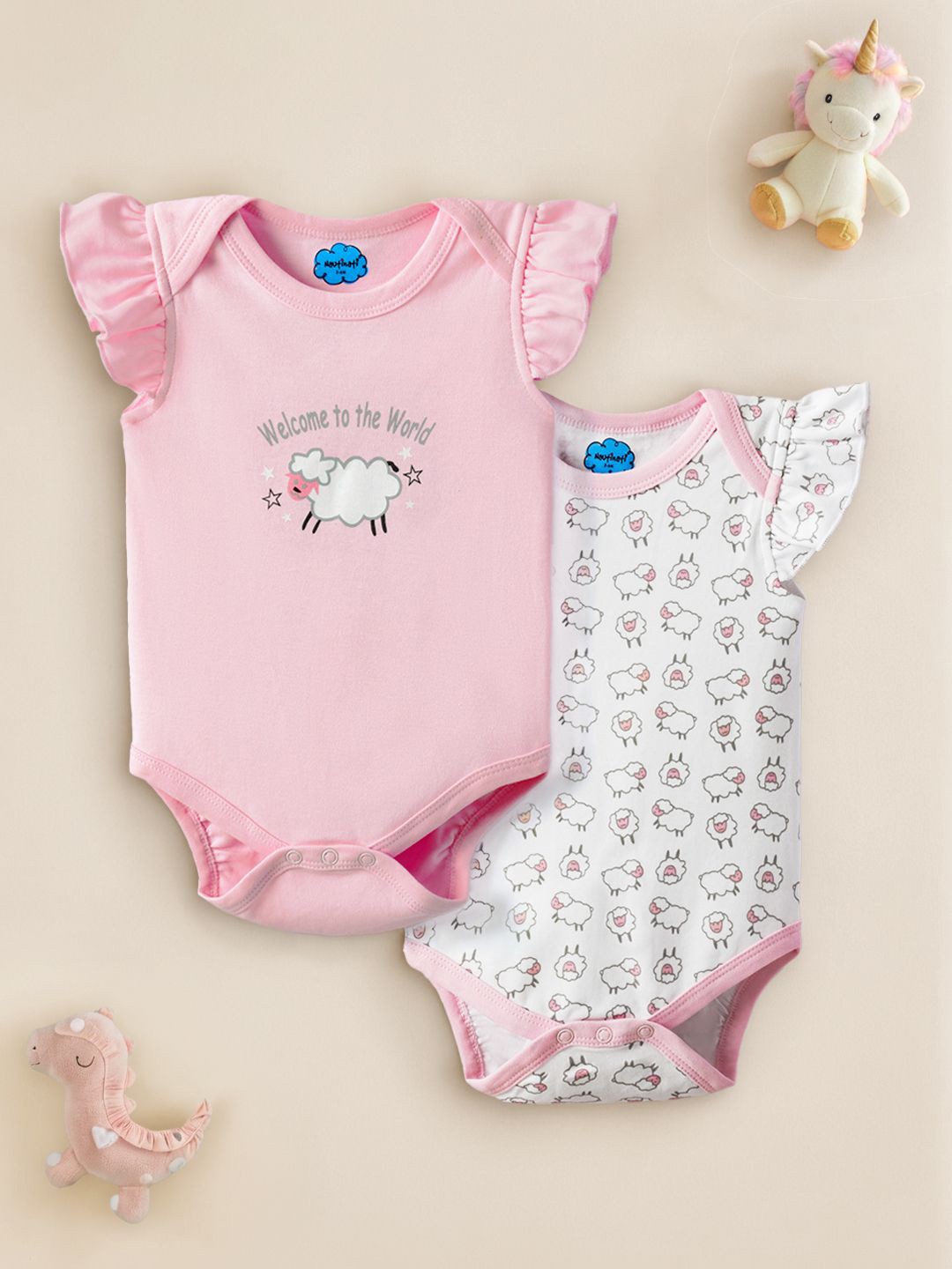 

Nauti Nati Infants Pack Of 2 Printed Pure Cotton Bodysuits, Pink