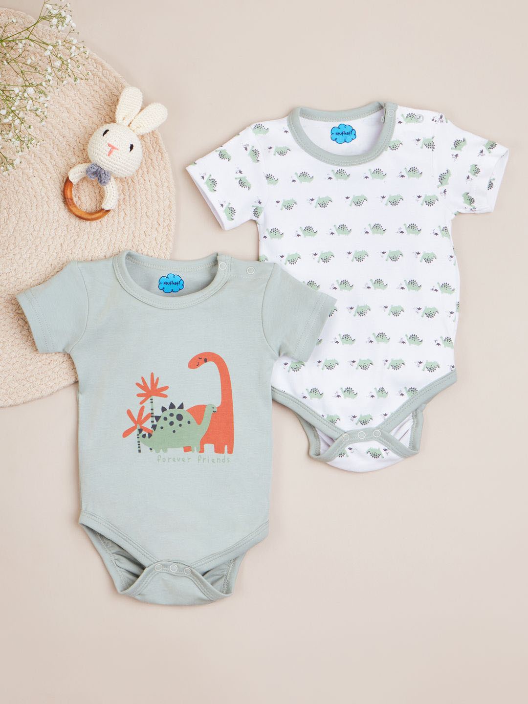 

Nauti Nati Infants Pack Of 2 Printed Pure Cotton Bodysuit, Green