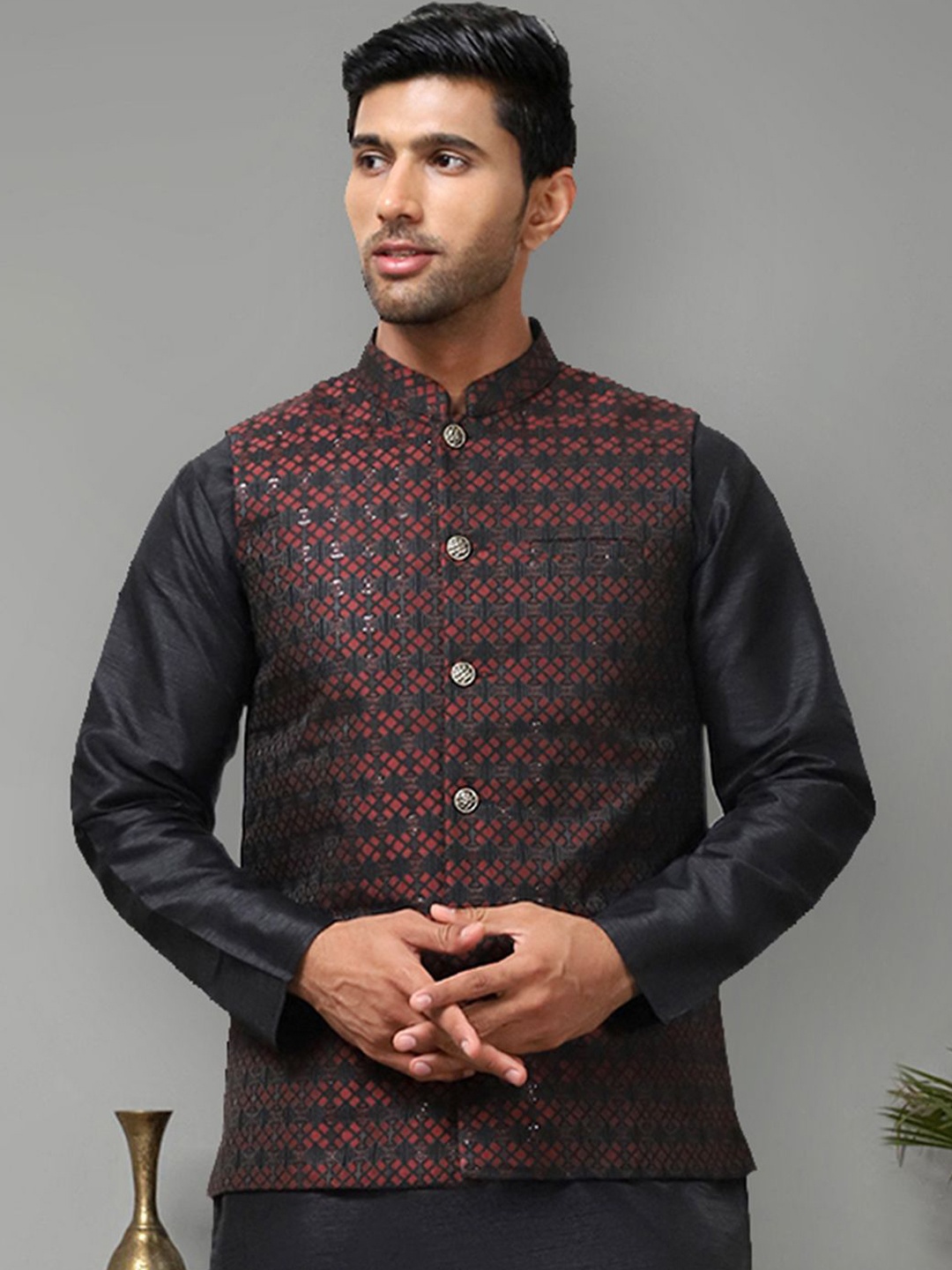 

Anouk Printed Woven Nehru Jacket, Maroon