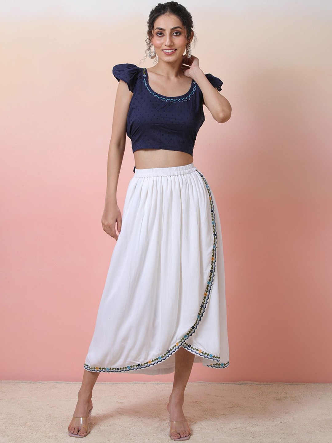 

Sangria Embroidered Scoop Neck Puff Sleeves Crop Top With Skirt, Navy blue