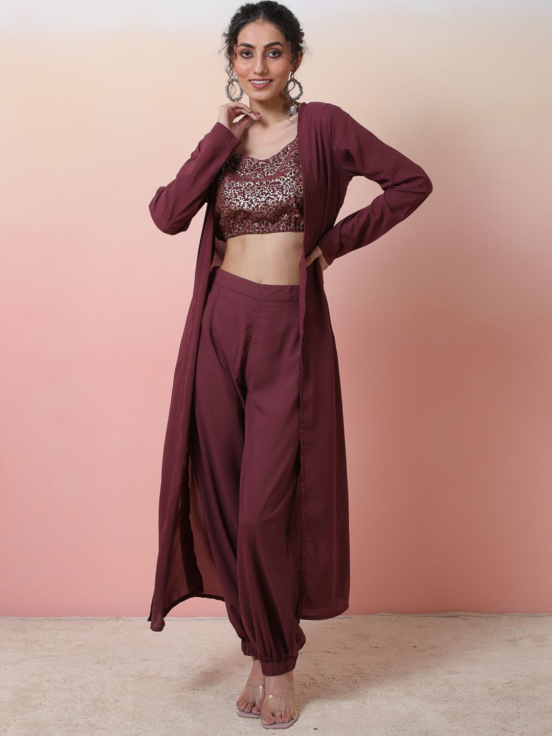 

Sangria Foil Printed Ethnic Crop Top With Jacket And Trousers, Maroon