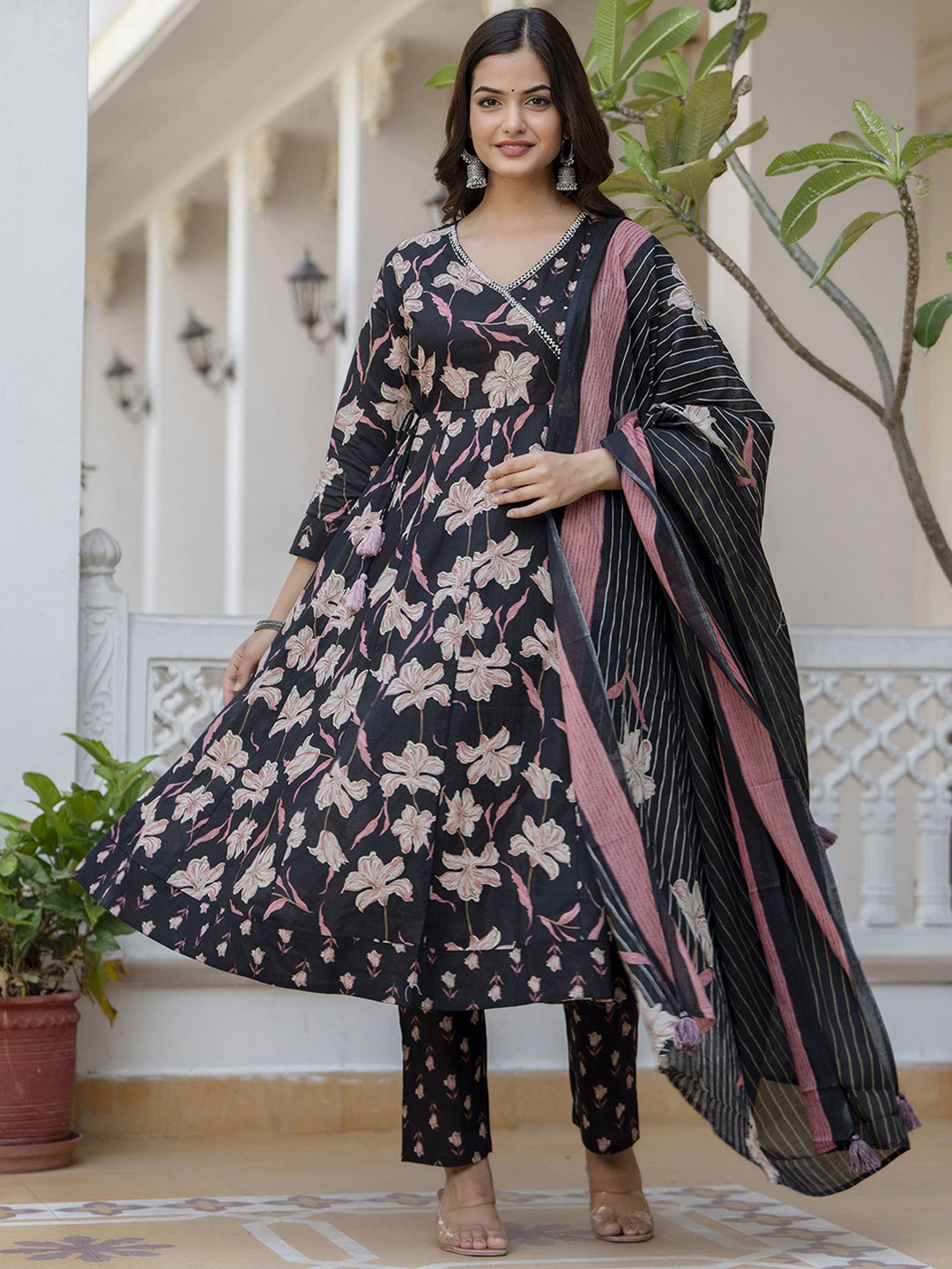 

KALINI Floral Printed V-Neck Angrakha Pure Cotton Anarkali Kurta with Pyjamas & Dupatta, Black
