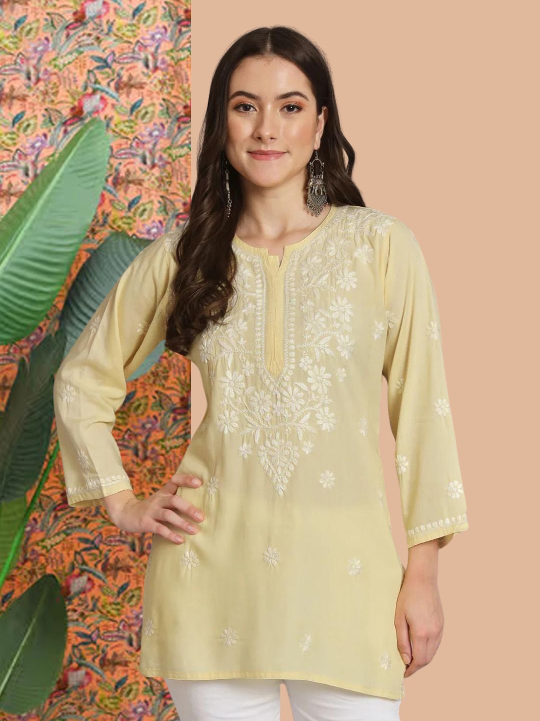 

PARAMOUNT CHIKAN Women Embroidered Lucknowi Chikankari Modal Kurti, Yellow