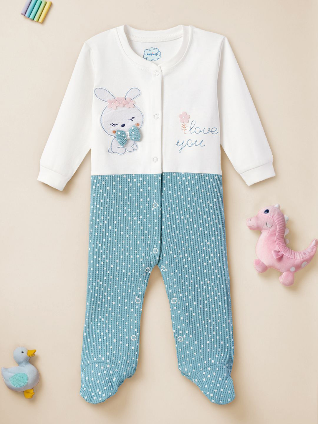 

Nauti Nati Infants Printed Pure Cotton Round Neck Long Sleeve Romper, White
