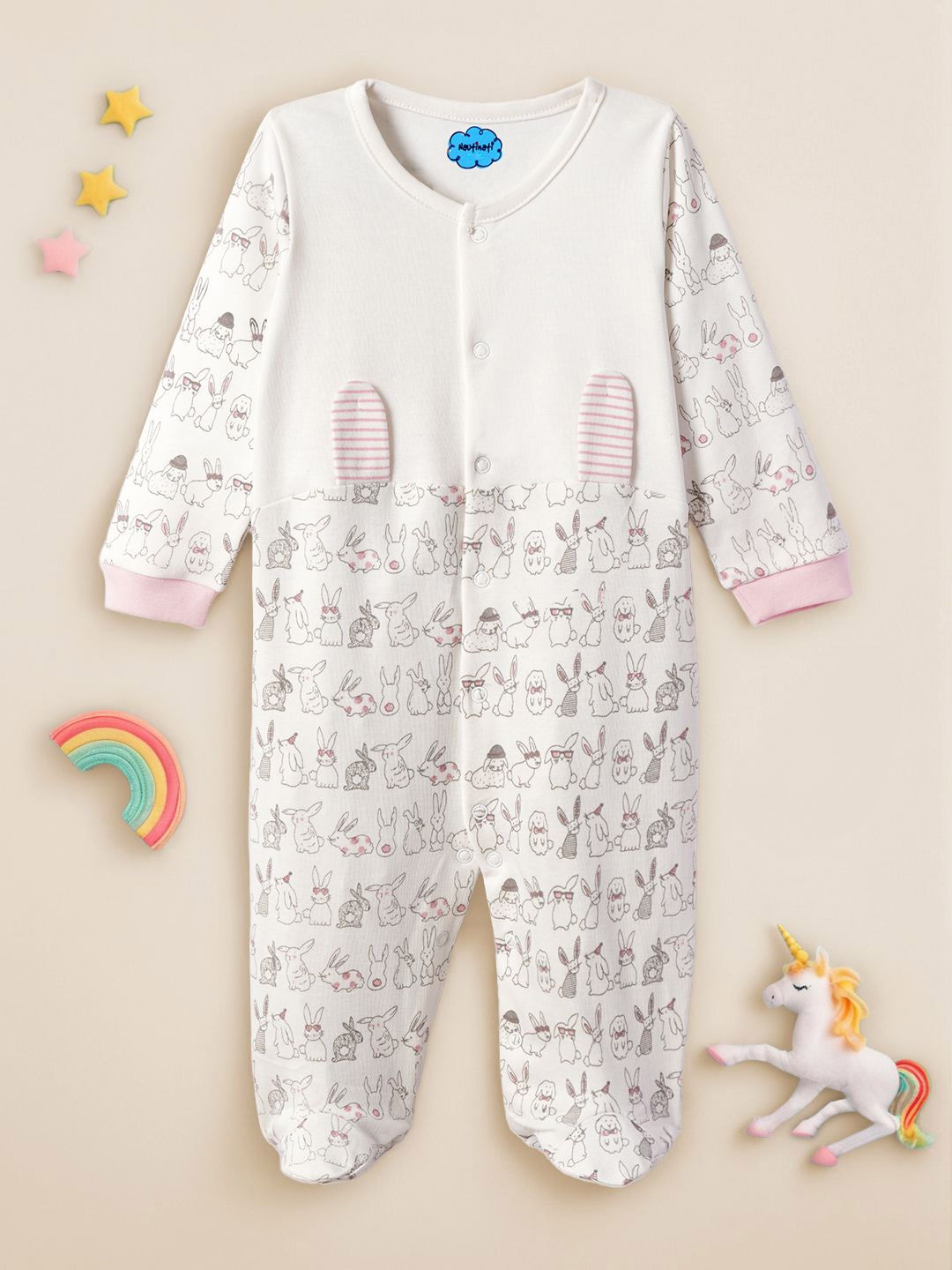 

Nauti Nati Infants Printed Pure Cotton Sleepsuit, Cream