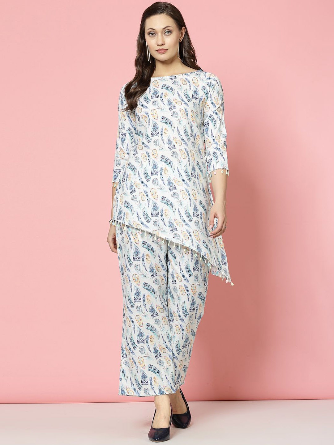 

Clora Creation Printed Pure Cotton Tunic With Trousers, Off white