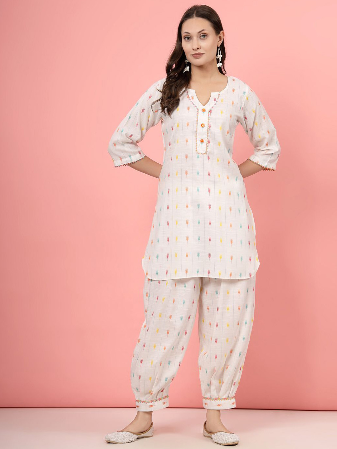 

Clora Creation Self Design Tunic With Trousers, White