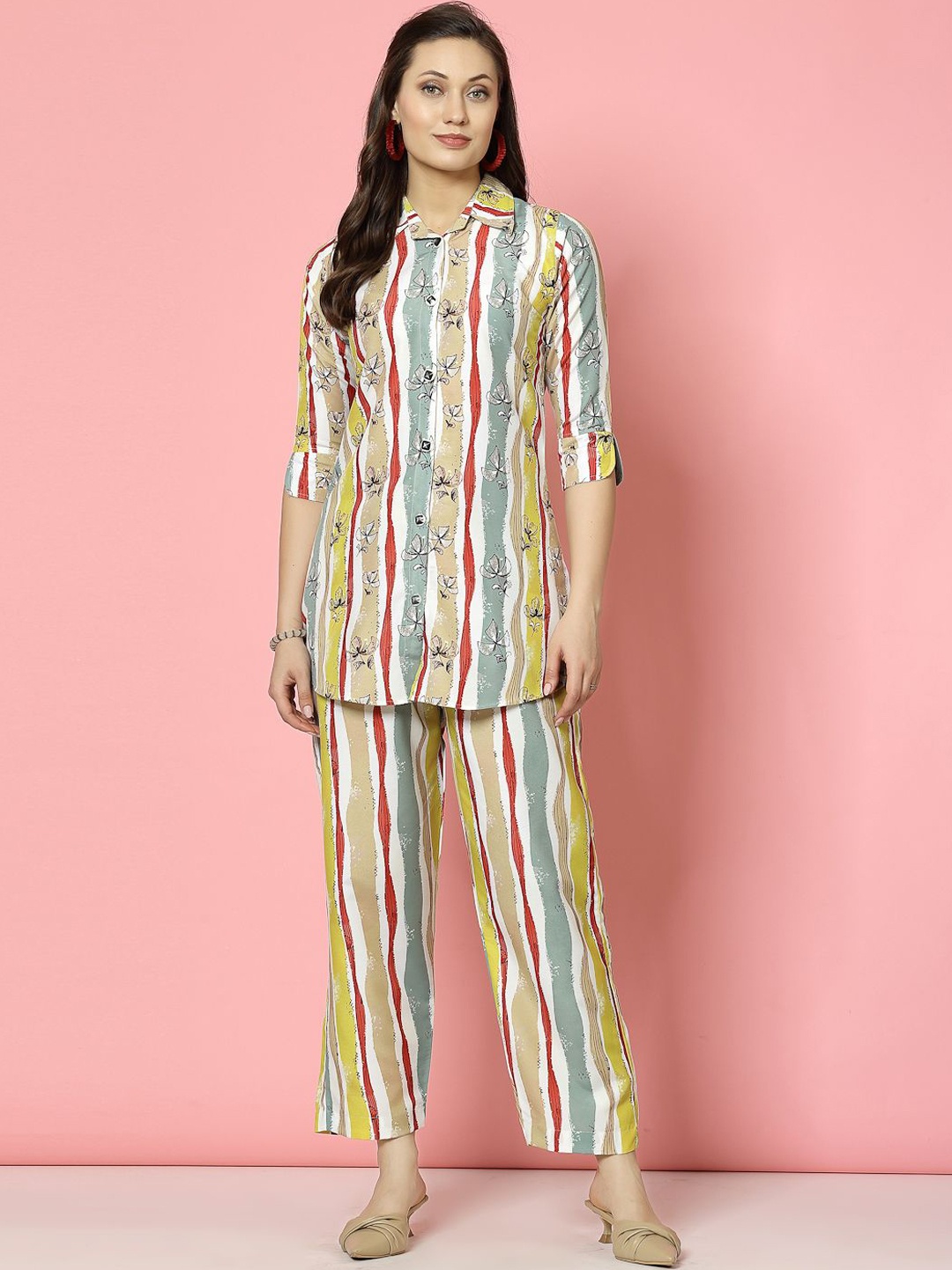 

Clora Creation Striped Shirt Collar Neck Shirt With Trouser, Yellow