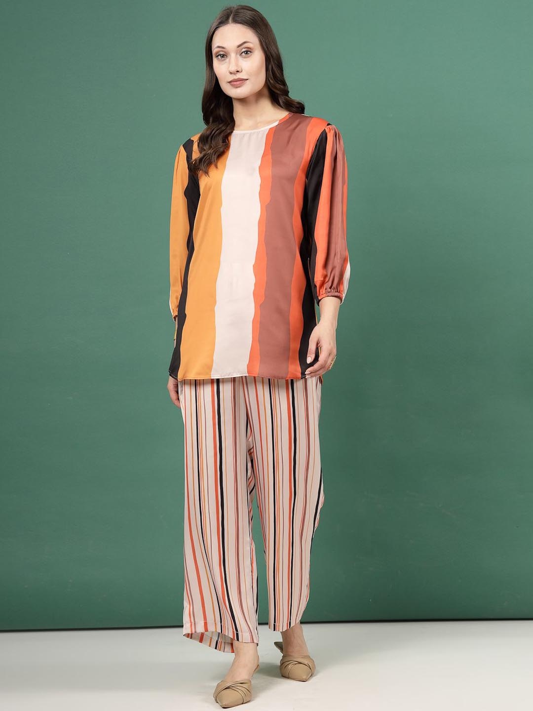 

Clora Creation Colourblocked Round Neck Tunic & Trousers, Orange