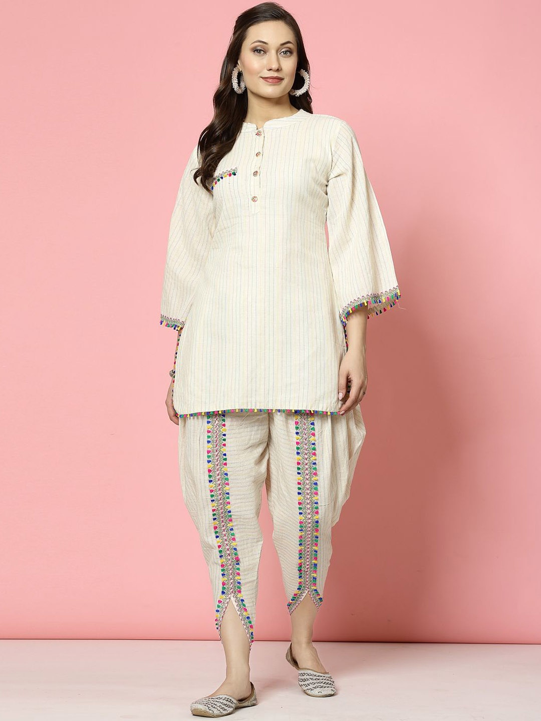 

Clora Creation Embroidered Mandarin Collar Top With Trousers, Cream