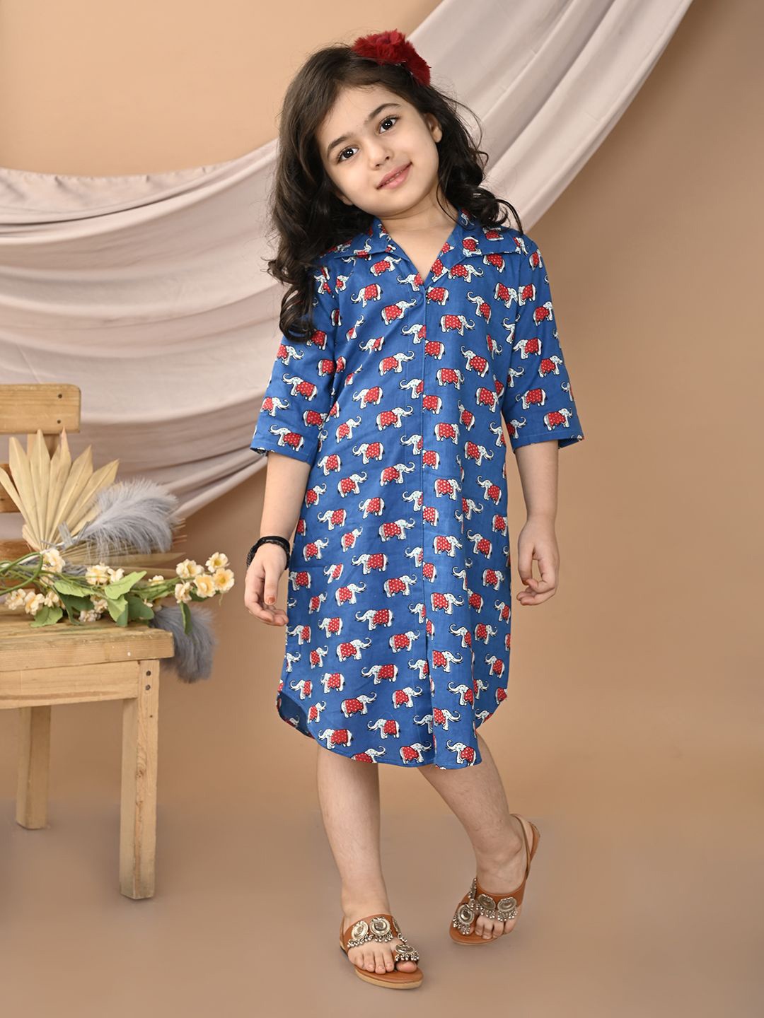 

Sangria Girls Shirt Collar Elephant Printed Cotton Dress, Blue