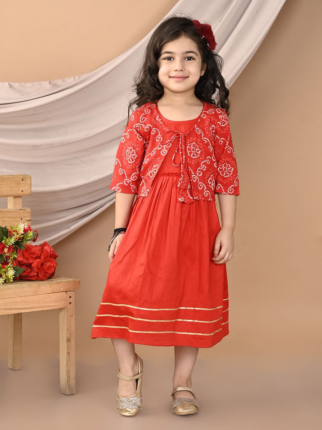 

Sangria Girls Cotton Sleeveless Dress With Bandez Jacket, Red