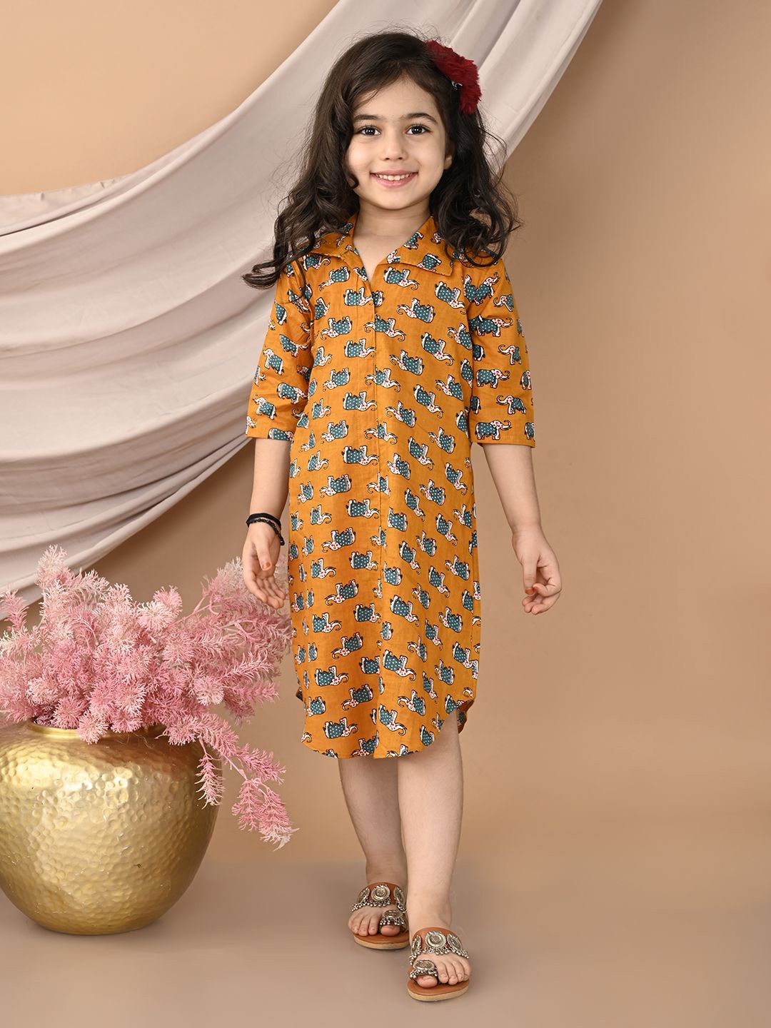 

Sangria Girls Elephant Printed Cotton Dress, Yellow