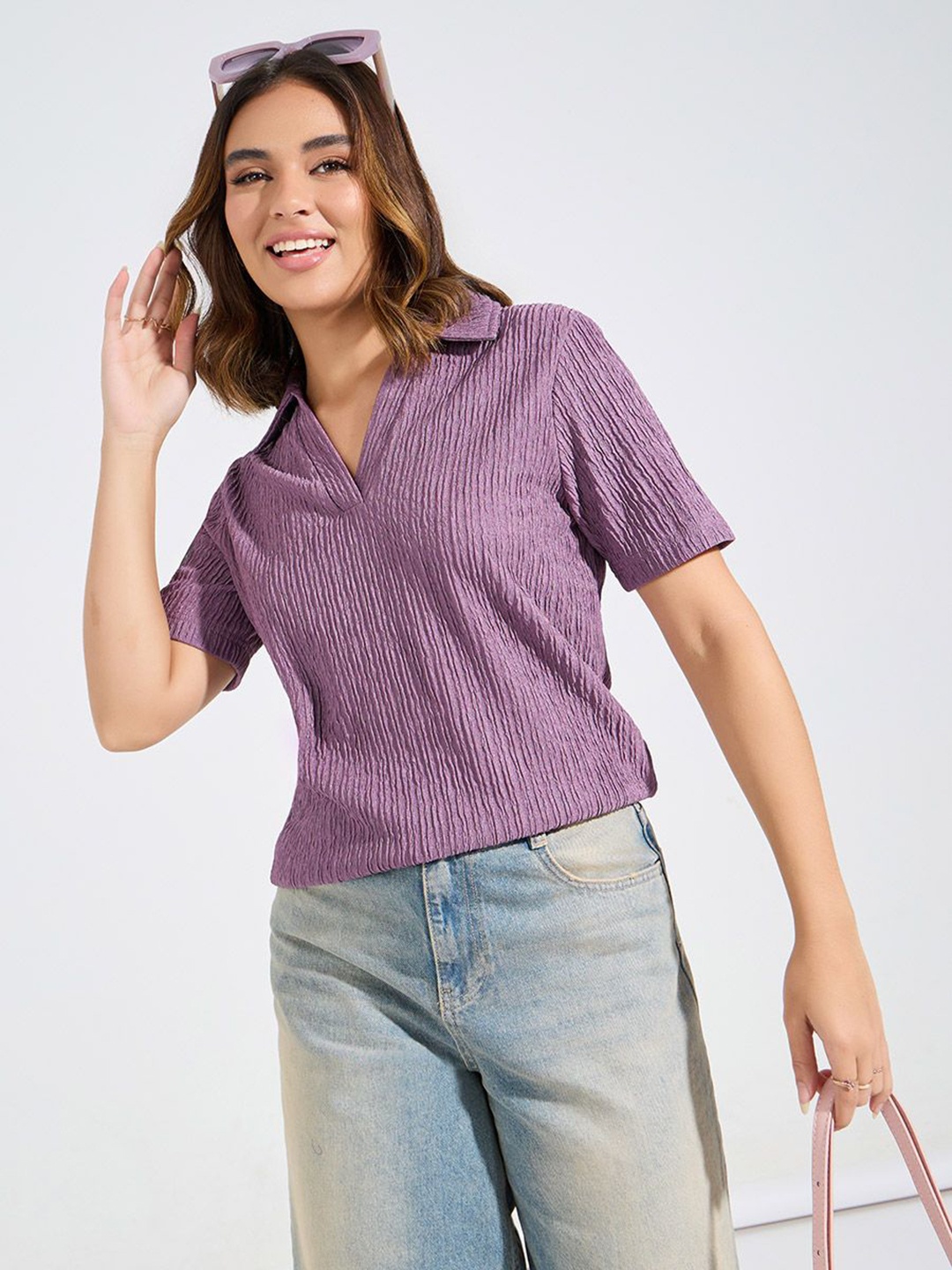 

Styli Women Textured Polo Collar T-shirt, Purple