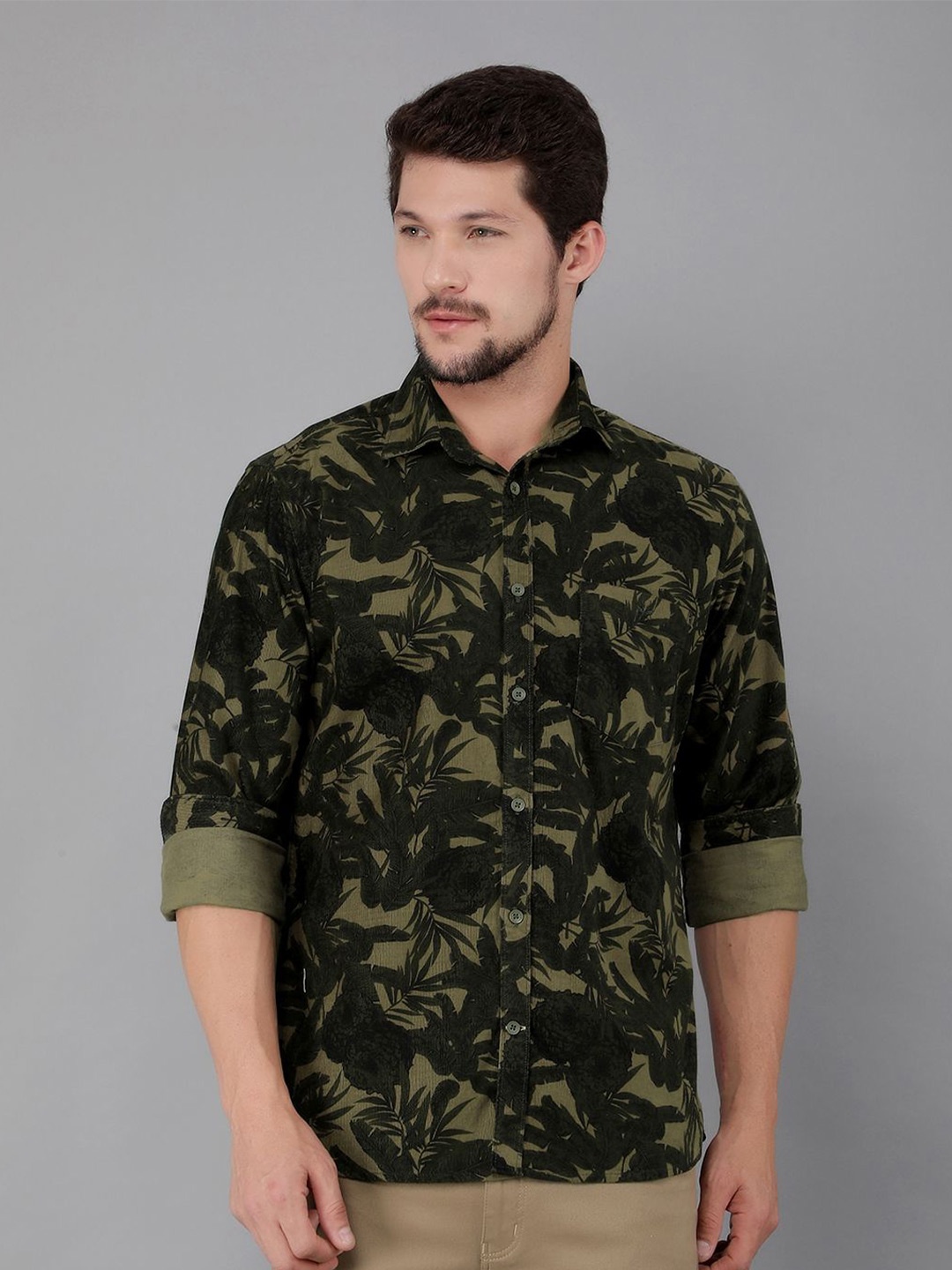

Crimsoune Club Men Classic Slim Fit Opaque Printed Casual Shirt, Olive