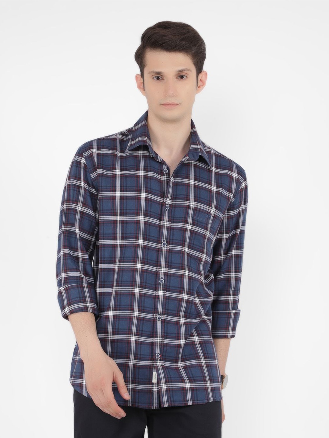

Crimsoune Club Men Classic Slim Fit Tartan Checks Opaque Checked Casual Shirt, Navy blue