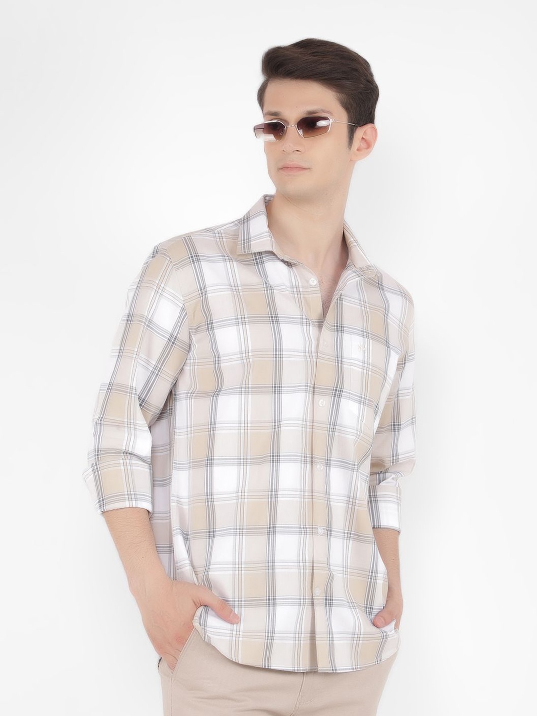 

Crimsoune Club Men Classic Slim Fit Tartan Checks Opaque Checked Casual Shirt, Beige