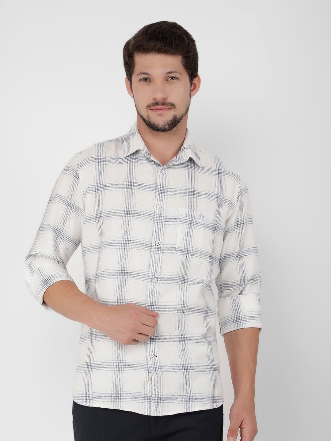 

Crimsoune Club Men Classic Slim Fit Windowpane Checks Opaque Checked Casual Shirt, White