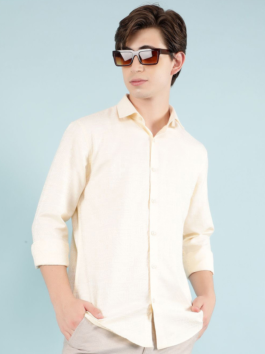 

Crimsoune Club Men Classic Slim Fit Cotton Casual Shirt, Yellow