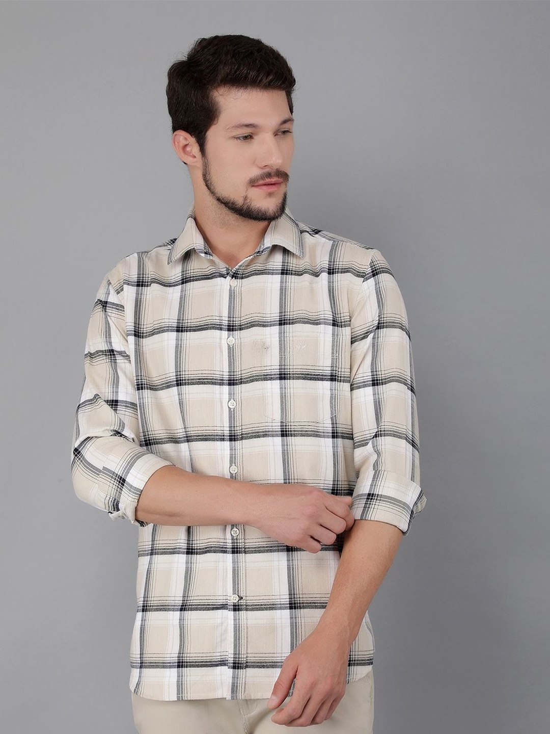 

Crimsoune Club Men Classic Slim Fit Tartan Checks Opaque Checked Casual Shirt, Beige