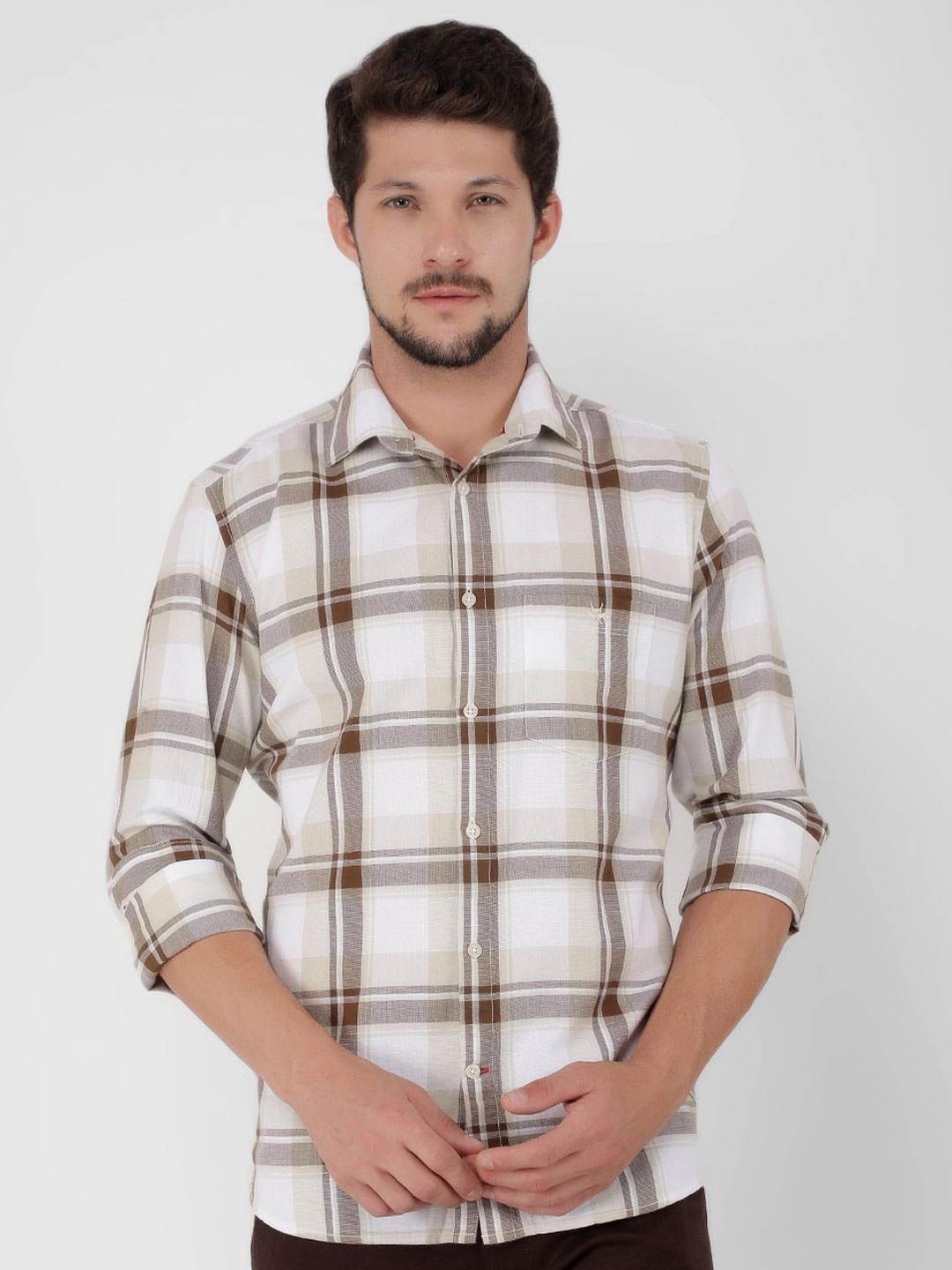 

Crimsoune Club Men Tartan Checks Classic Slim Fit Cotton Casual Shirt, Beige