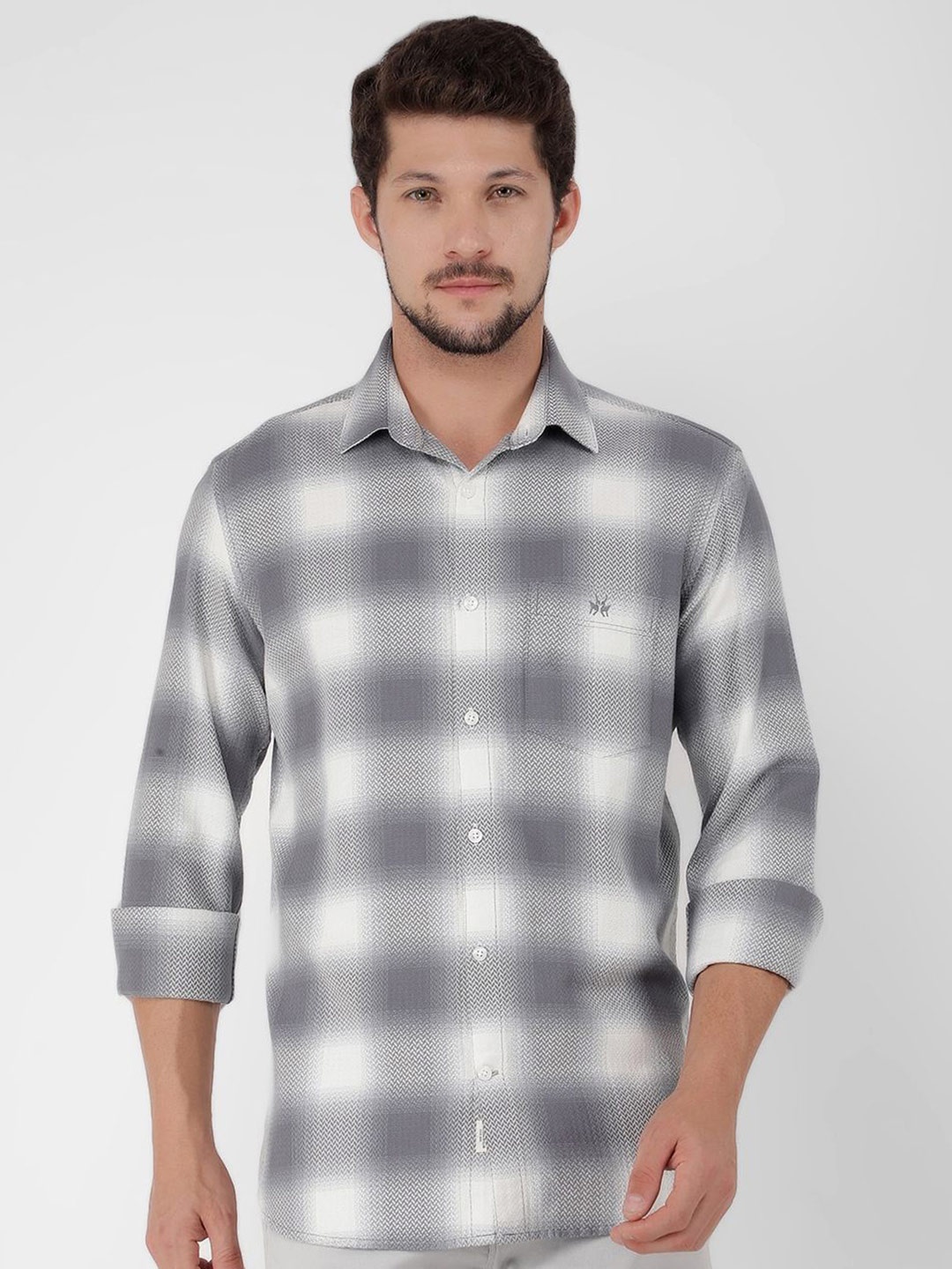 

Crimsoune Club Men Tartan Checks Classic Slim Fit Cotton Casual Shirt, Grey