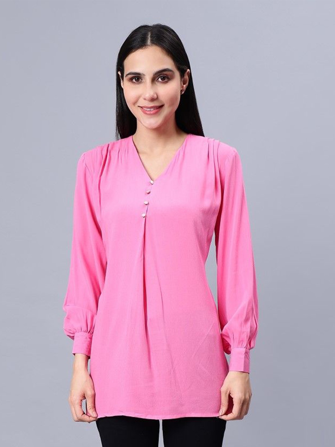 

Indyvarna Mandarin Collar Cotton Top, Pink
